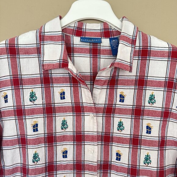 Vintage Embroidered Christmas Button Shirt Women XL Plaid Red White Green Festiv - Picture 1 of 7